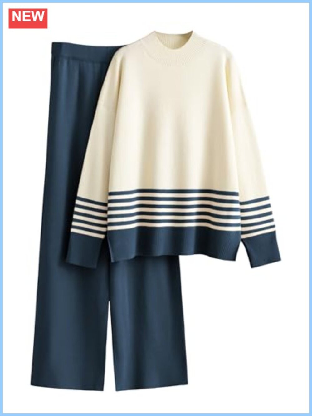 Striped 2-Piece Sweater Lounge Set Turtleneck Wide Leg Knit Tracksuit